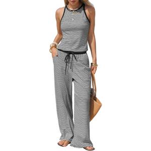EXLURA Womens Cotton Summer 2 Piece Outfits Striped Halter Tops Matching Wide Leg Pant Sets Lounge Tracksuits Vacation Travel (S)