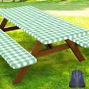 Smiry 5FT Picnic Table Cover with Bench Covers, Elastic Fitted Tablecloth | Waterproof Washable Rectangle Tablecloths ,Buffalo Plaid Tablecloth for Dining, Camping (Sage Green & White, 30" x 60")
