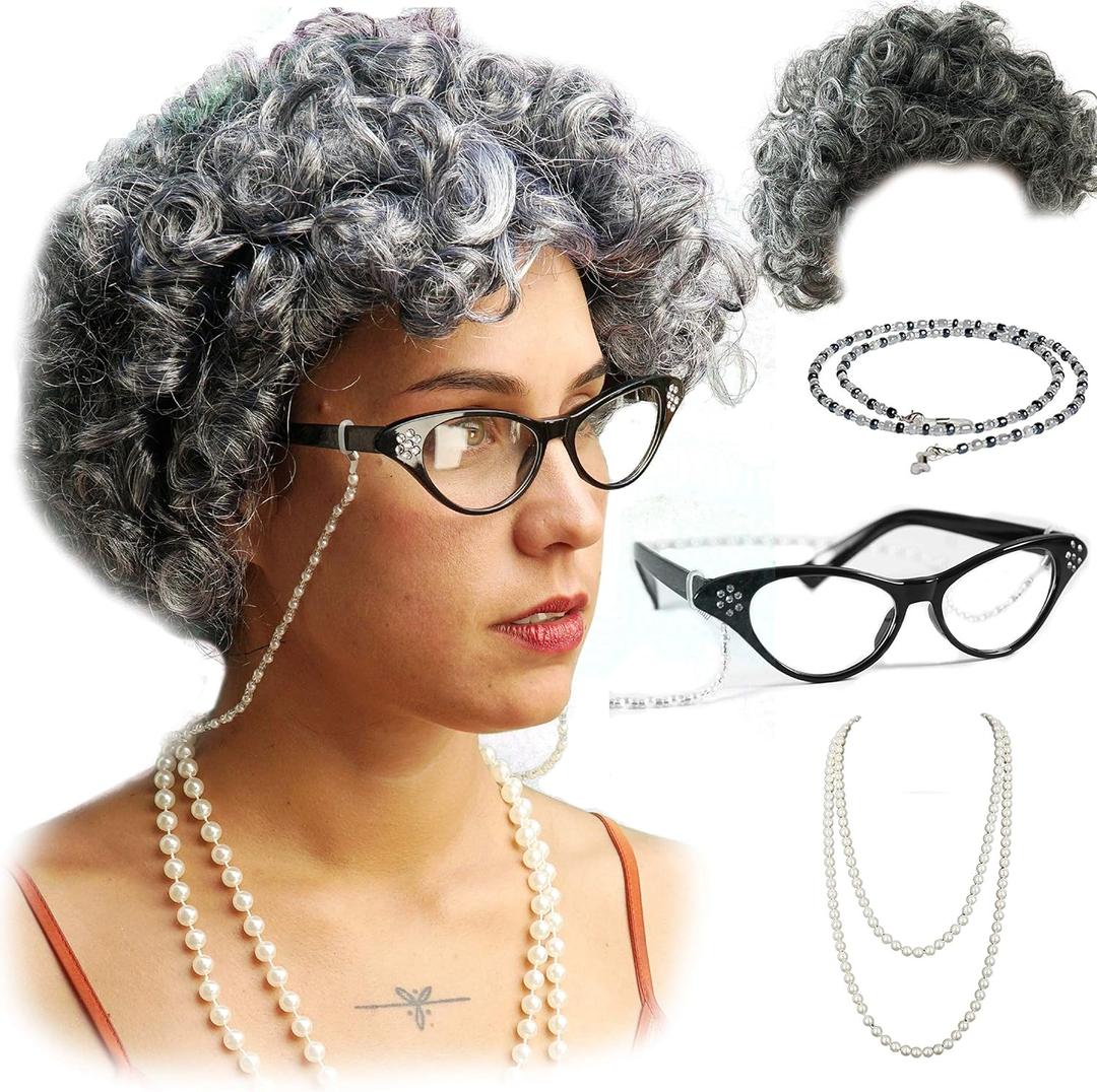 Vibe Old Lady wig Costume Set, Gray Hair Granny Wig with pearl necklace, glasses, glass chain Accessories, 5 pieces total (Gray Curly)