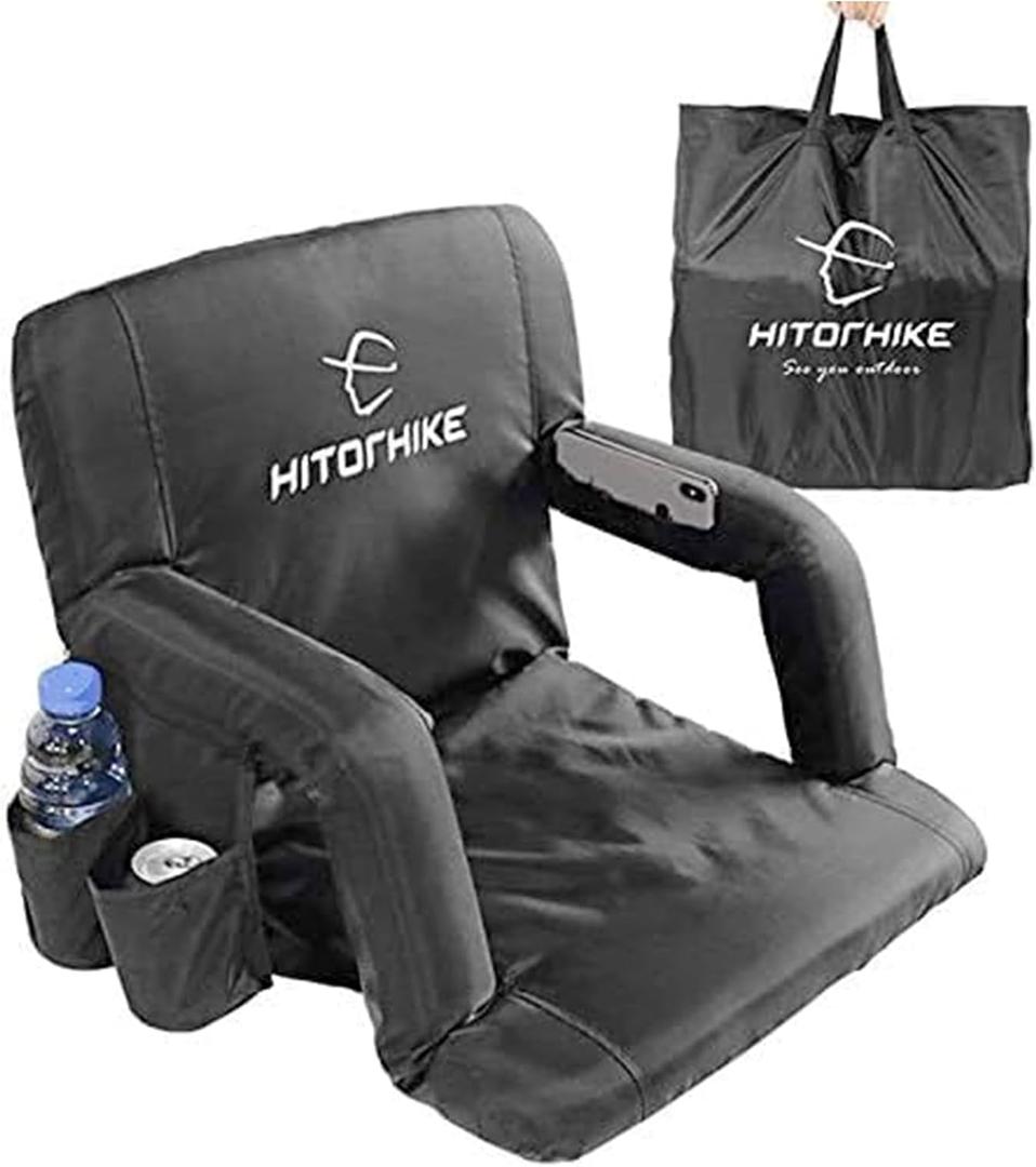 HITORHIKE Stadium Seat for Bleachers or Benches Portable Reclining Foldable Type Stadium Seat Chair with Padded Cushion Chair Back and Armrest Support(Black,21")