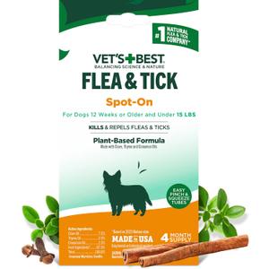 Vet’s Best Natural Flea and Tick Drops for Small Dogs – PlantBased SpotOn Treatment with Certified Essential Oils – Topical Flea and Tick Prevention and Control – Natural Pest Care – 
