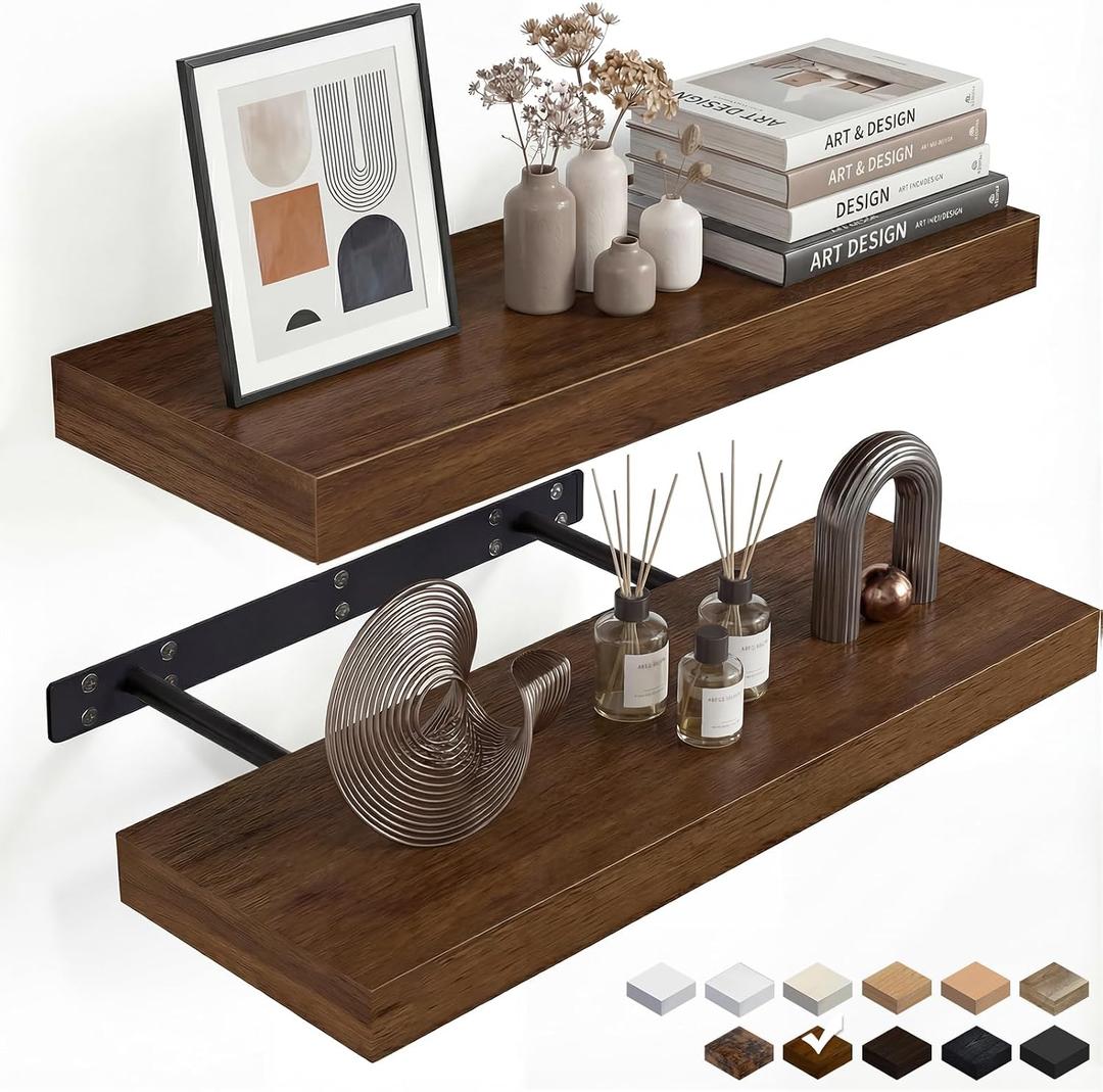 INHABIT UNION Walnut Floating Shelves for Wall, 24 in Wall Mounted Shelves Perfect for Bedroom, Bathroom, Living Room and Kitchen Decoration Storage, Set of 2