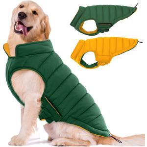Lelepet Reversible Dog Coat Waterproof Dog Jacket Windproof Puffer Vest for Winter Warm Lightweight Coats for Large Dogs Adjustbale Hook & Loop Pet Apparel with Leash Hole, Golden Retriever, 3XL (Green)