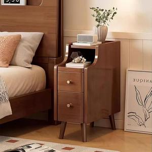 KINGBO 8" Solid Wood Narrow Nightstand with 2 Drawers for A Tiny & Narrow Room, Walnut