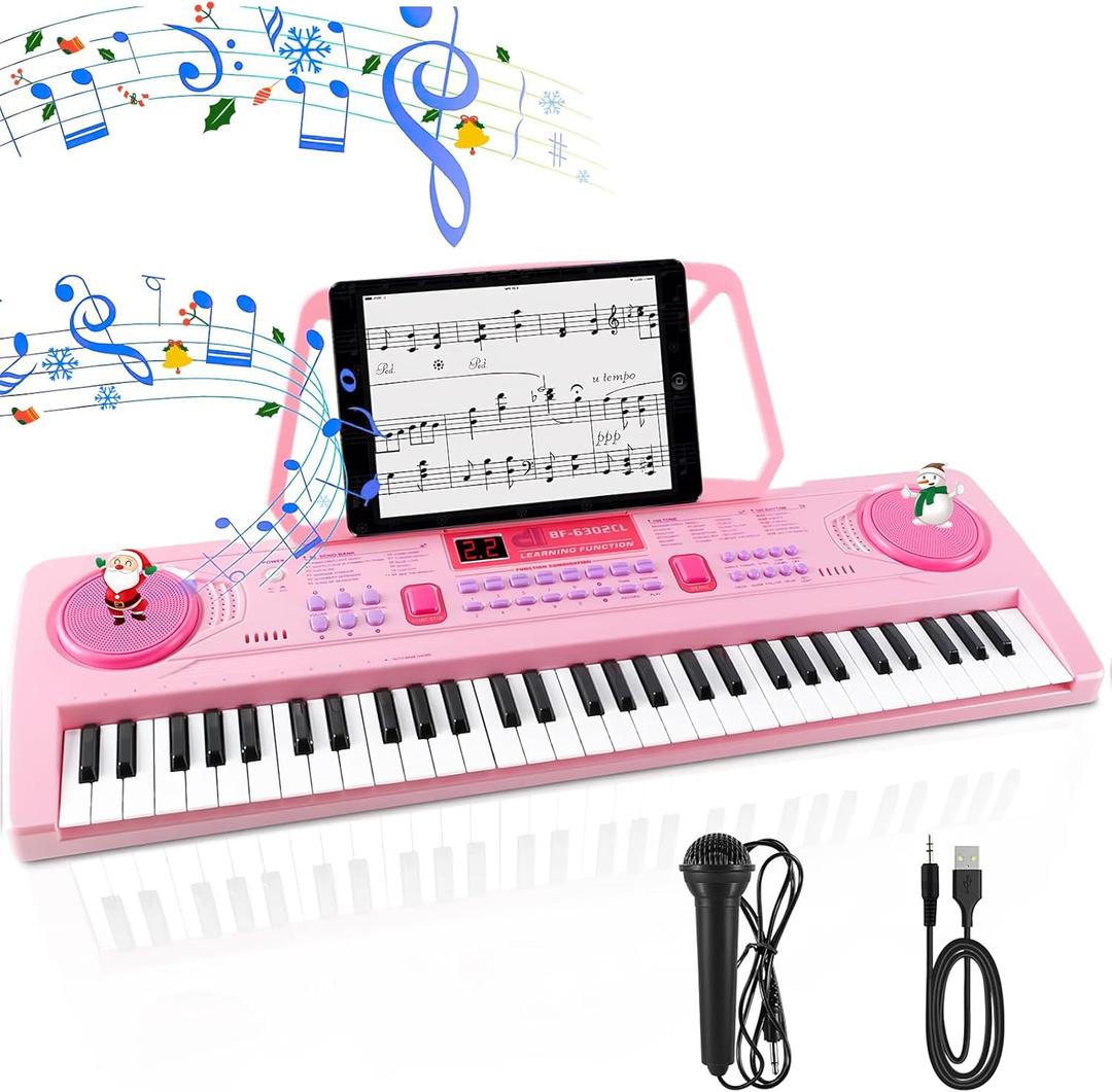 WOSTOO Kids Keyboard Piano, Portable 61 Keys Keyboard Electronic Digital Piano, Early Learning Educational Musical Piano Toy Keyboard for Beginners with Music Stand, Microphone (Pink)