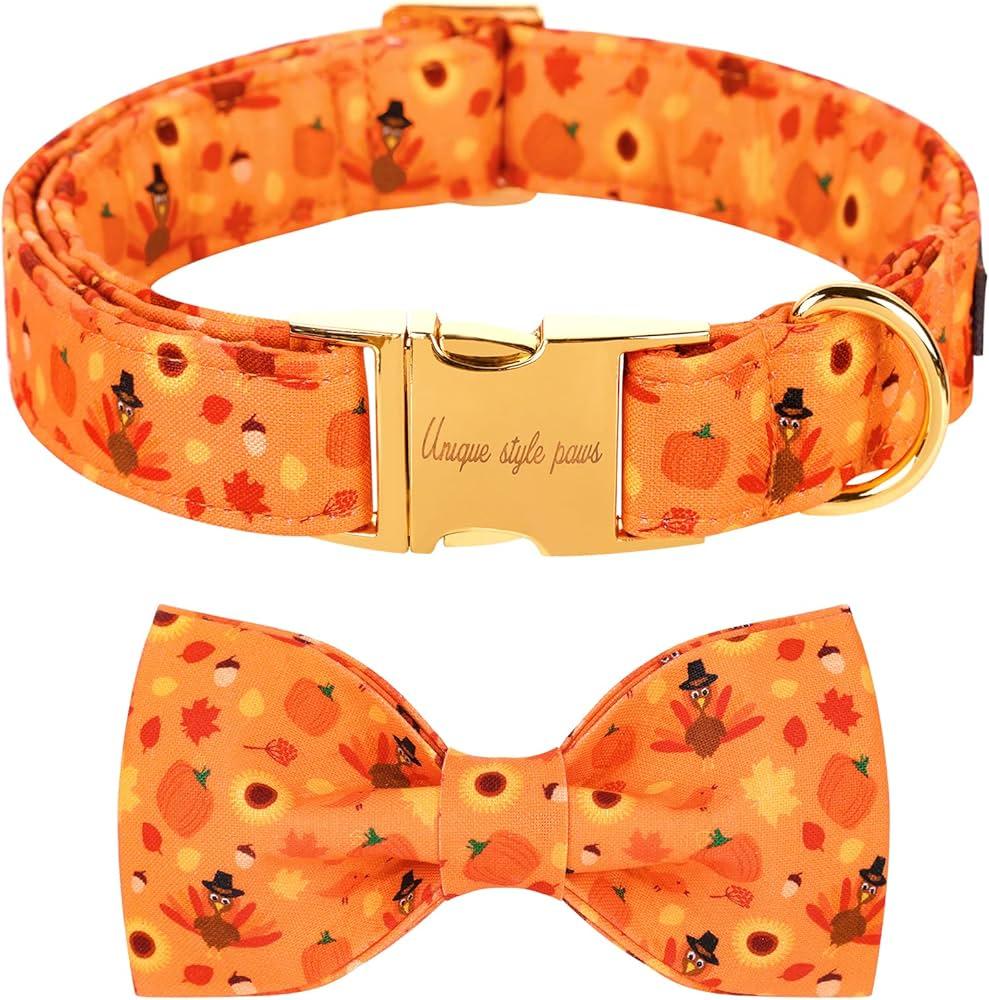 UP URARA PUP Halloween Pumpkin Dog Collar with Bow Tie, Orange Halloween Pet Bowtie Collar with Adjustable Metal Buckle,Fancy Dog Collar Bowtie for Girl Boy Dog,S