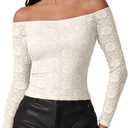 QINSEN Womens Lace Trim Off Shouder Top Long Sleeve Double Lined Y2k Trendy T Shirts (Large, Beige)