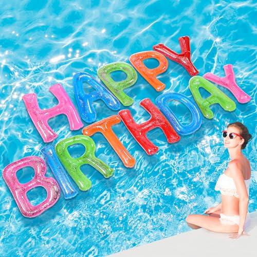Shappy 20'' Happy Birthday Pool Large Floating Letter Balloons with Adhesive Dots Inflatable Pool Decorations for Summer Birthday Party(Multicolor)