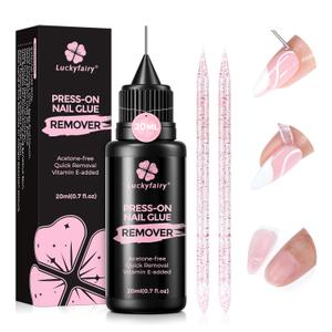 Luckyfairy Pinpoint Nail Glue Remover: 20ml Press on Nail Remover with Cuticle Pusher, Gentle Glueoff, Quick Nail Remover for Nails Tips, NonAcetone Nail Polish Remover, Not for Gel Polish