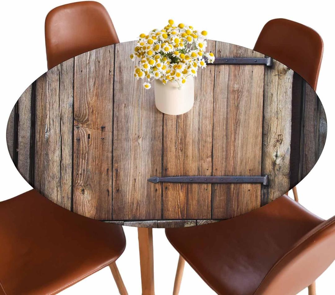 Old Wooden Door Round Tablecloth Vintage Plank Door Gate Farmhouse Barn Wall Board Brown Fitted Table Cover Washable Tablecloths for Kitchen Dining Party 40-44 inch