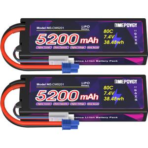 7.4V Lipo Battery 2S 5200mAh 80C Lipos Hard Case with EC3 Connector for RC Car Trucks 1/8 1/10 RC Vehicles(2 Packs)