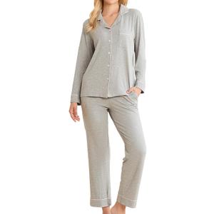 LYCY Cotton Pajamas for Women Set Long Sleeve Lounge Button Up with Pockets (X-Large, Light Grey Mel.)