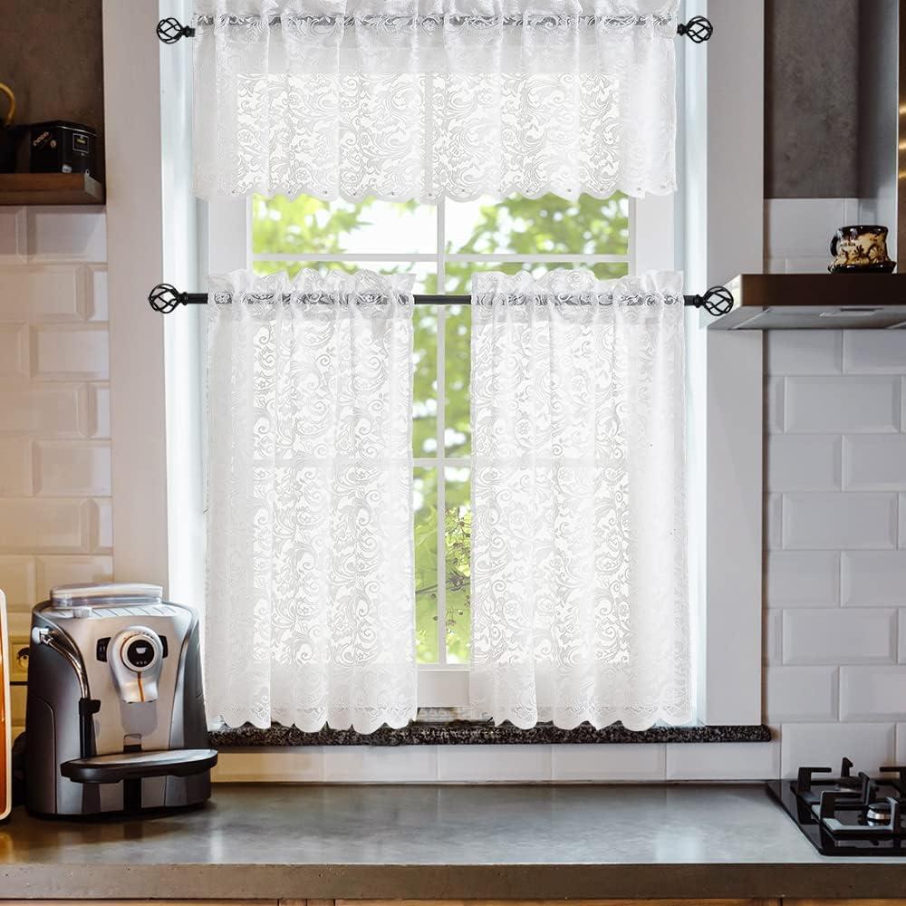3 Piece Lace Kitchen Curtains and Valances Set 36 inches Length Country Short White Sheer Kitchen Curtains for Small Window 70s Cafe Curtains With Valance Bathroom Window Curtains,52" x 36" White
