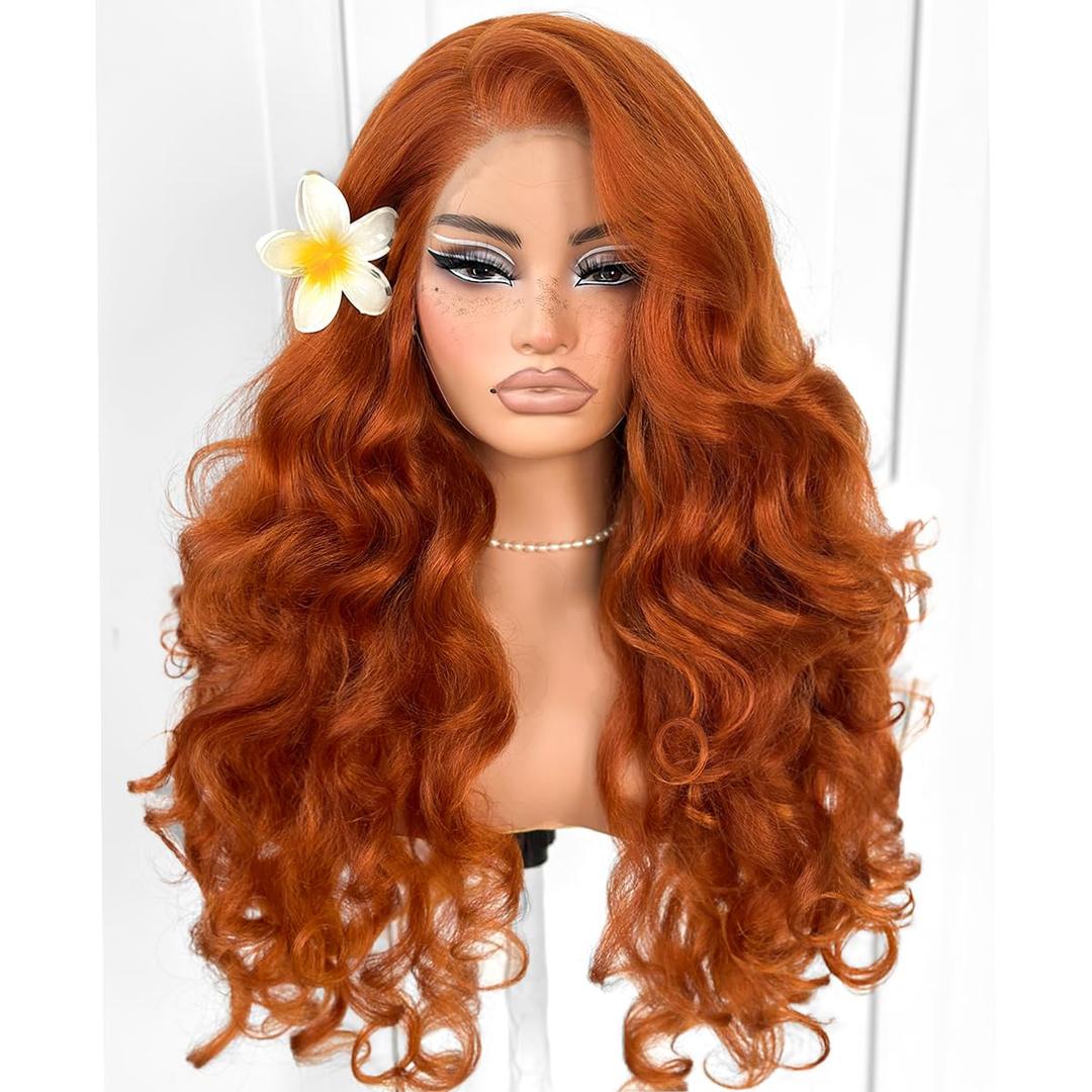 Glueless Lace Wig Pre-Plucked Ginger 13x6 Yaki Crazy Body Wave Wig Pre-Cut Synthetic Ginger Wear And Go Wig With Natural Hairline
