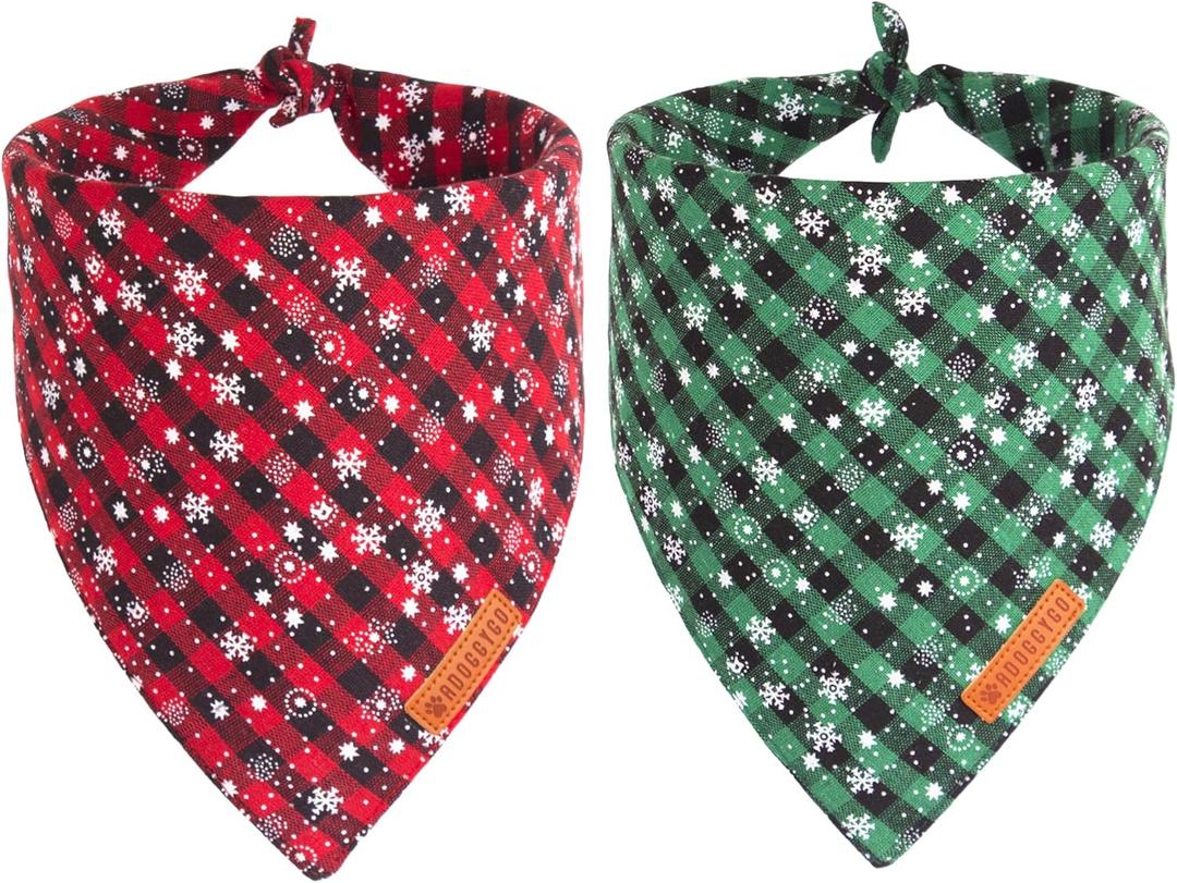 ADOGGYGO 2 Pack Dog Bandanas Christmas, Classic Plaid Snowflake Pet Scarf, Premium Durable Fabric, Multiple Sizes Offered, Christmas Bandanas for Medium Large Dogs Pets (Large, Red&Green)