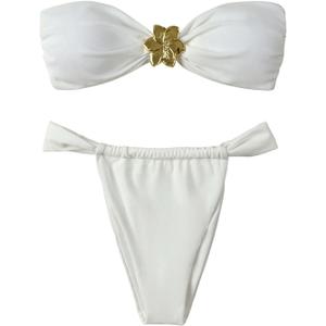 SHENHE Women's 2 Piece Strapless Swimsuit U Wire Floral Tie Back Ruched Bandeau Bikini with Thong Set (White, Mediu)