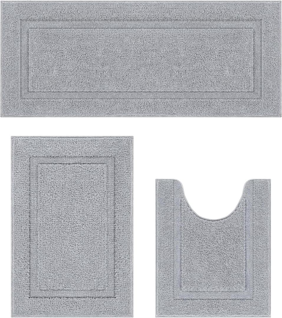 SHACOS Bathroom Runner Rugs Set of 3 Ultra Soft Bath Mat with U Shaped Toilet Rug Absorbent Non Slip Microfiber Bath Rugs for Bathroom Kitchen Bedroom, Light Gray