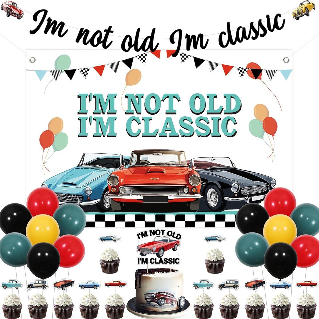 Classic Car Themed Birthday Party Decorations, I am Not Old I am Classic Birthday Backdrop Banner Cake Cupcake Topper Balloons for Adult Men Vintage Classic Car Birthday Party Supplies