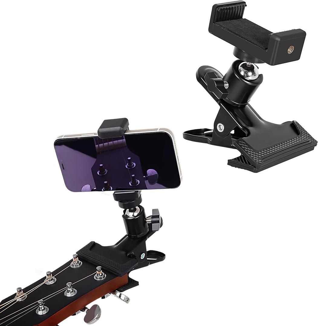 LMS Guitar Phone Mount Black Clamp Install Clip On 360 Rotating Ball Head Suitable for 5.5cm to 7.5cm Handset Versatile Functionality Multipurpose Use