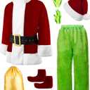 Semana Christmas Green Costume for Men 8 Pcs Furry Adult Santa Claus Costume Santa Suit (Large)