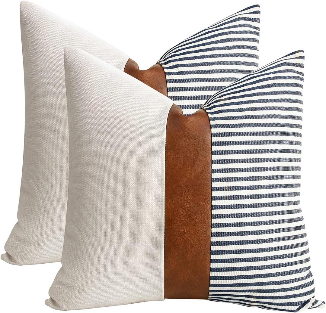 22x22 inches Pillow Covers Set of 2 Farmhouse Decor Stripe Patchwork Linen Throw Pillow Covers Modern Faux Leather Covers for Couch Sofa, Navy Blue