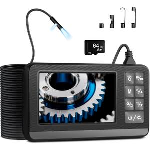 Dual Lens Industrial Endoscope with 4.3 IPS Screen, 1080P Borescope Camera, 32.8FT Detachable & Waterproof Cable with 64GB Card, 8 LED Lights for Sewer/Drain/Auto