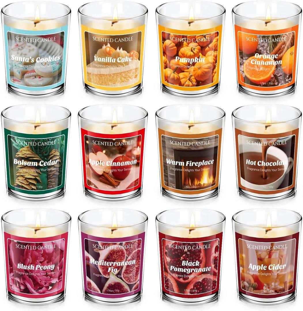 STRN Scented Candles Set, 12 Fragrances, Winter Scented Soy Wax Glass Jar Candle, Apple Cinnamon, Warm Fireplace, Aromatherapy Candles for Home, Office, SPA, Bathroom, 1.76 OZ * 12 Packs