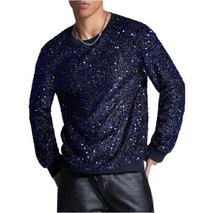 WDIRARA Men's Glitter Sequin Round Neck Sweatshirt Long Sleeve Solid Pullover Top (Blue, S)