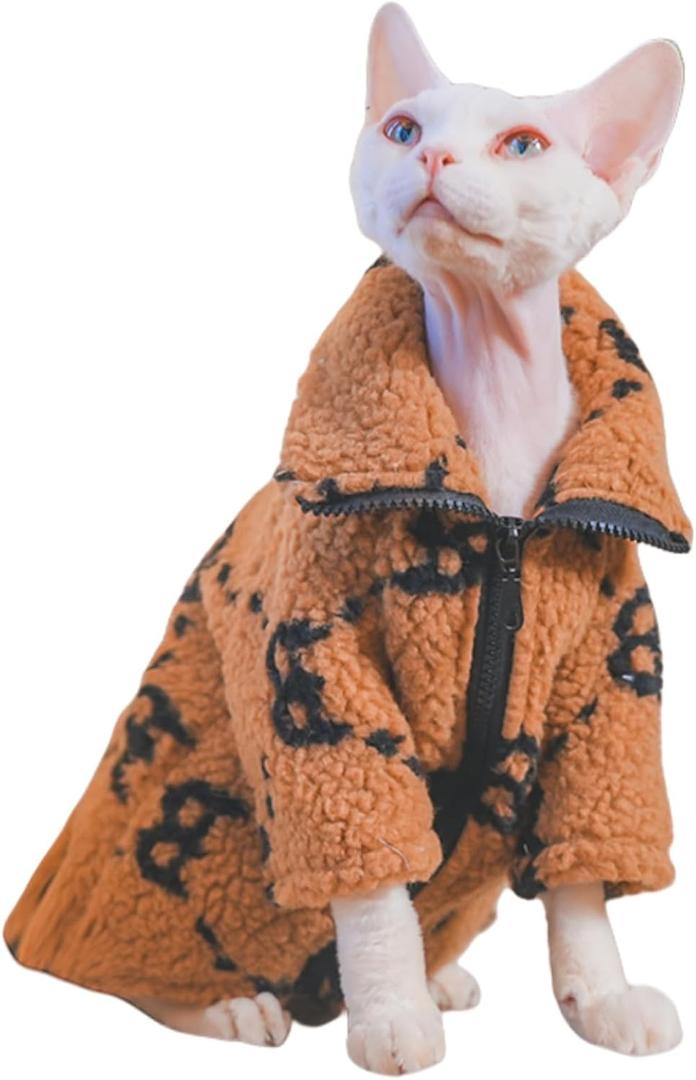 Turtleneck Sphynx Cat Winter Clothes, Double-Sided Fleece Jacket with Zipper, Sweater for Sphynx Cat Winter Warm Outfit Coat for Hairless Cats and Small Dogs Apparel with Sleeves (Brown, Medium) (M (5.5-6.6 lbs))