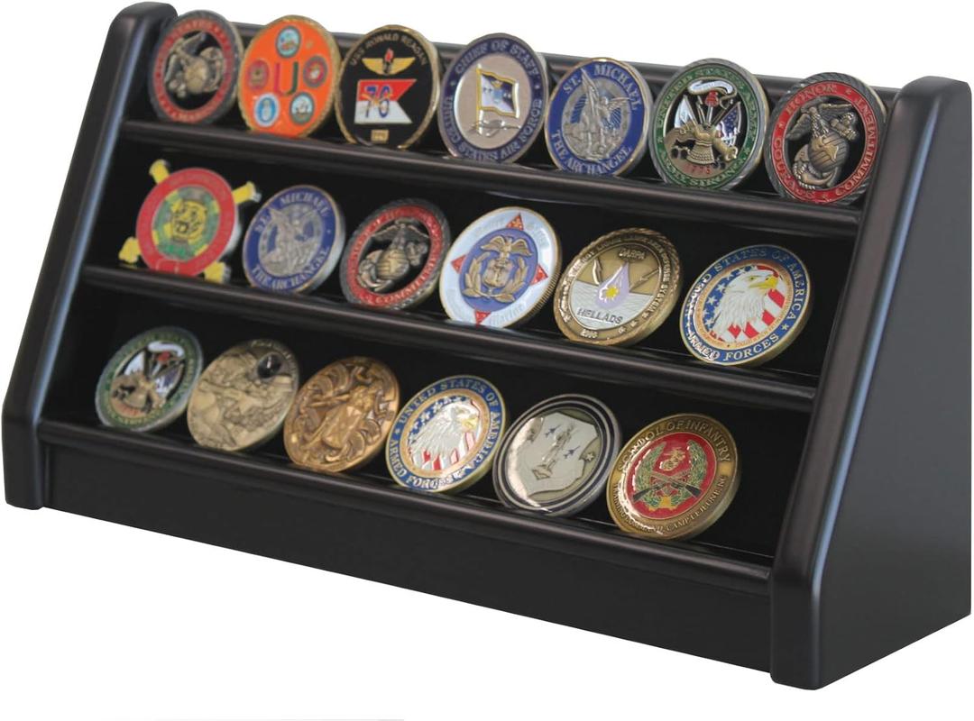3 Rows Military Challenge Coin Holder Display Stand Rack Shelves, Solid Wood Display Case (Black Finish)