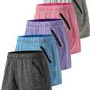 5 Pack: Womens Workout Gym Shorts Casual Lounge Set, Ladies Active Athletic Apparel with Zipper Pockets (X-Large, Heather Black/Blue/Purple/Pink/Gray)