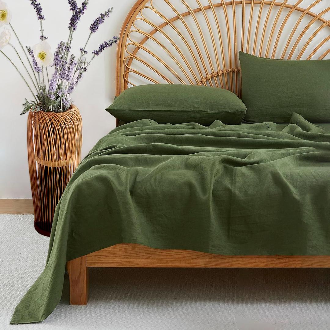 100% Linen Sheets Set Queen Size, Natural Pure Flax 4 Piece Bed Sets, 16" Deep Pocket, Breathable Cooling Bed Soft Durable Bedding, Machine Washable (Mossy Green, Queen)