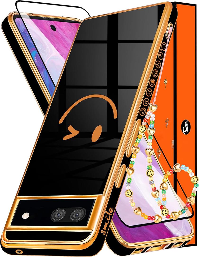 Buleens (3in1 Black Case for Google Pixel 6A 5G Cute Aesthetic Luxury Design Women Girly Cases Girl Gold Plated Pretty Phone Case+Screen Protector+Chain for Pixel 6A