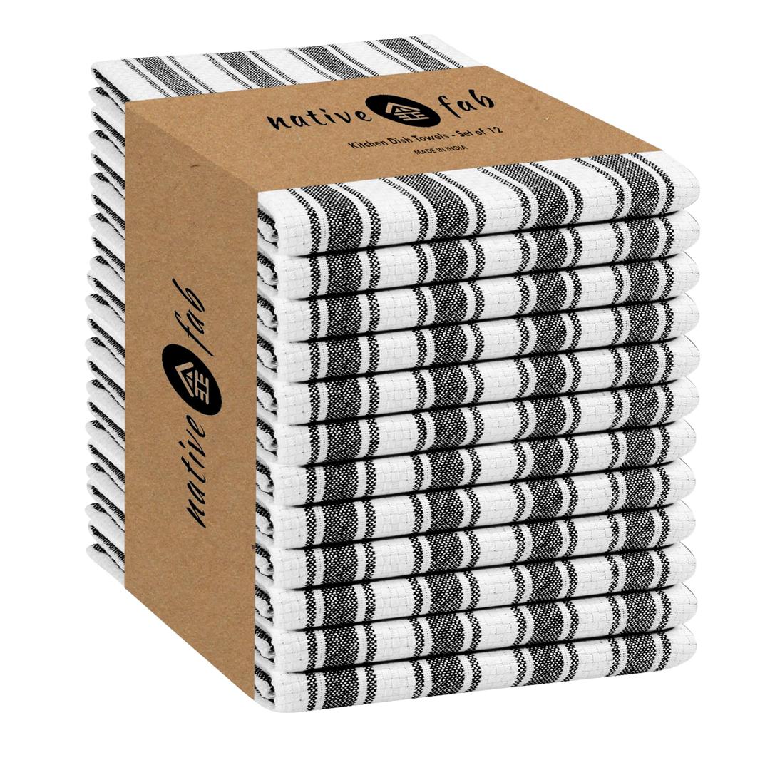 Native Fab 100% Cotton Striped Kitchen Towels - Set of 12-16"x26"- Basket Weave Stripe Dish Towels for Quick Drying, Absorbent Kitchen Wash Cloths Set with Hanging Loop - Black