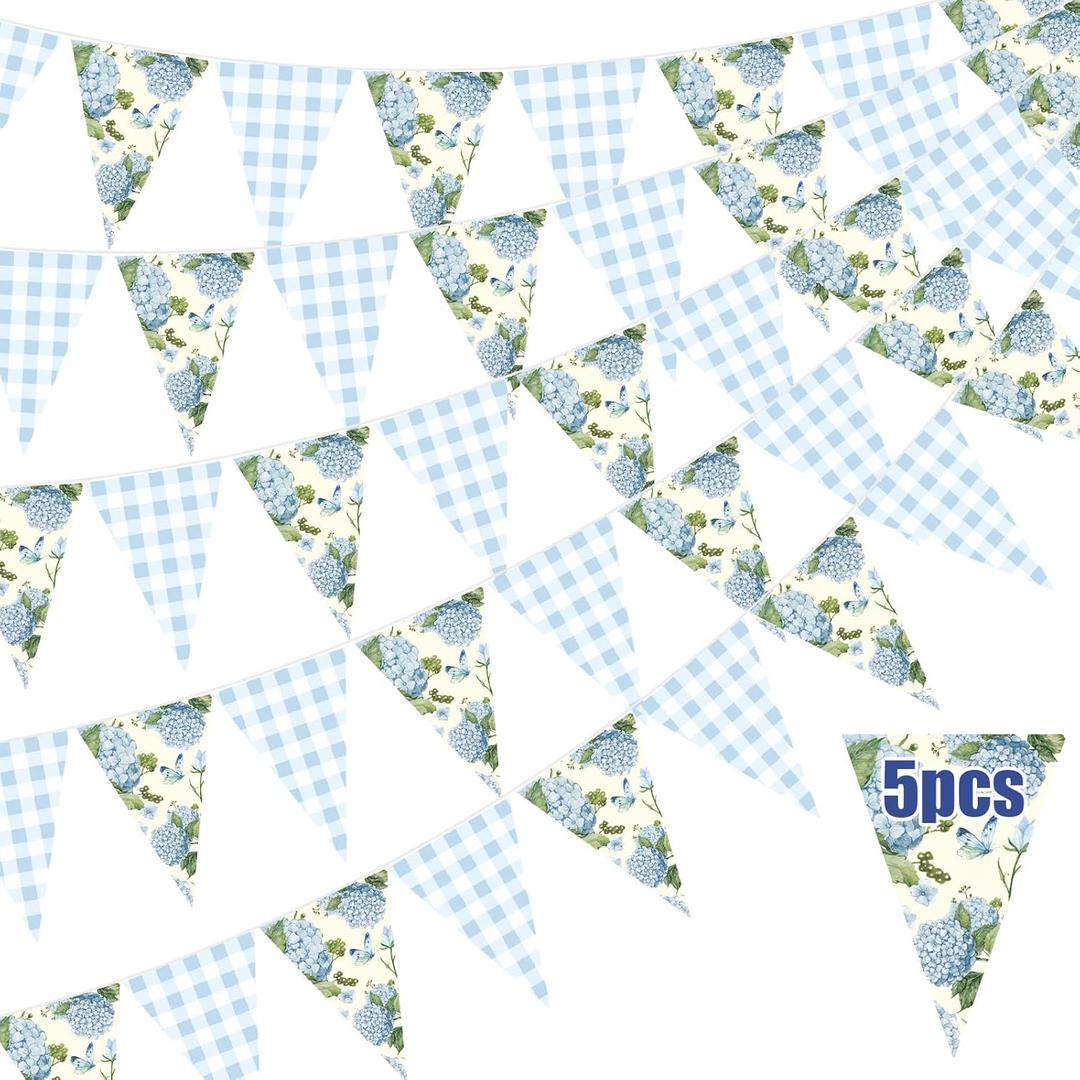 Gilprop 5 Pcs 49 ft Hydrangea Gingham Banner Blue White Flora Checkered Party Decoration Spring Pennant Garlands Paper Triangle Flag for Bridal Baby Shower Garden Wedding Birthday Tea Party Supplies