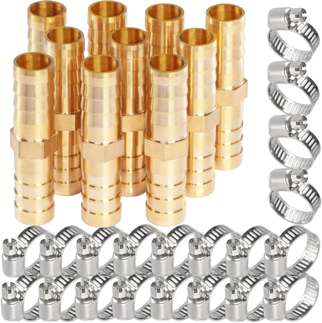 Brass Hose Barb Fitting 5/16" (8mm) Barb Splicer Mender with Stainless Steel Pipe Clamps air hose repair kit for Pipe Line/Fuel/Air (Pack of 10) (2-way, 5/16 10pcs)