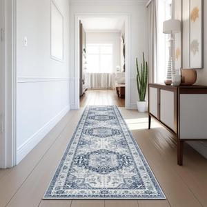 Madane Hallway Washable Runner Rug - 2x10 Kitchen Rugs Entryway Rug Runner Vintage Soft Floor Mat Non Slip Indoor Farmhouse Carpet for Bathroom Living Room Bedroom (2 X 10, Navy/White)