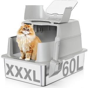 Stainless Steel Cat Litter Box with Lid, 180 Flip-Top XXXL Extra Large Enclosed Litter Box, 26" L x 18" W x 17" H Metal Litter Box with Hight Sides for Big Cats & Multiple Cats-Light Gray