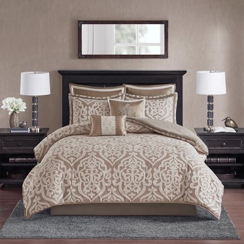 Madison Park Odette Cozy Comforter Set Jacquard Damask Medallion Design - Modern All Season, Down Alternative Bedding, Shams, Decorative Pillows, Queen(90 in x 90 in), Tan 8 Piece
