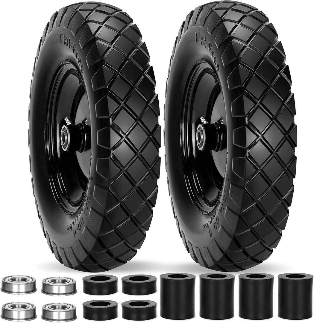 Upgraded 16" Flat Free Wheelbarrow Wheels and Tires, 4.80/4.00-8 Solid Tires with 5/8" & 3/4" Bearings,14"-16" Universal Fit Wheelbarrow Wheels for Wheelbarrows/Garden Trailer