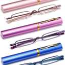 3 Pack Slim Pen Reading Glasses Metal Frame & Case Compact Portable Spring Hinge Eyeglasses for Women Men (Pink, Purple, Blue, +1.25)