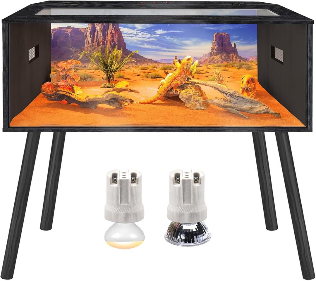 Prolee Reptile Terrarium, Lizard Tank Up to 68 Gallons, Bearded Dragon Tank with Roof Door, Snake Tank with Built-in Lamp Fixture and Switch, with Leg Stand (Black, 68 Gallons, 48" Length)