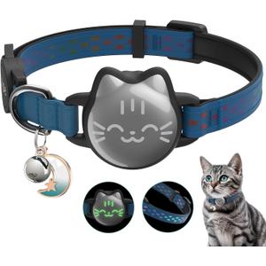 Waterproof Airtag Cat Collar, Breakaway Cat Airtag Collar with Luminous & Reflective Pattern Strap, Lightweight Kitten Collars for Apple Air tag, Hidden Holder for GPS Tracker - Cats, Kittens (9-13") (Cyan Blue)