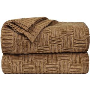 Uxcell 100% Cotton Cable Knit Throw Blanket,Soft Lightweight Lap Blanket,Textured Solid Sofa Throw Couch Cover Decors Knitted Blankets, Brown 47"x 70"