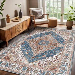 Washable Area Rug, Boho Rugs, 4x6 Rugs for Living Room Retro Flowers Machine Non-Slip Bedroom Rug Vintage Rug Distressed Carpet for Dining Room Office Carpet(Blue-Khaki)