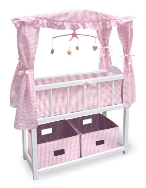 Canopy Doll Crib with Baskets, Bedding, and Mobile – White/Pink