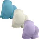 OVESPORT 3 Piece Workout Shorts for Women Seamless Scrunch Butt Lifting High Waisted Yoga Gym Booty Running Short Pants (Blue, XL)