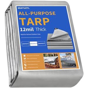 EEATUZTL Tarps Heavy Duty Waterproof 8x10FT,12 Mil Silver Waterproof Tarps for Outdoors with Grommets Reinforced Edges, UV Resistant, Tear&Fade Resistant, Small Cover for Under Tent Roof, 8 * 10FT