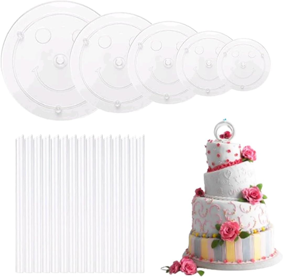 5 Pieces Cake Separator Plates Stands with 15 Pieces Clear Plastic Cake Dowel RodsCake Supports for Tiered Cake Stacking for 4, 6, 8, 10, 12 Inch Cakes.