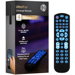GE Backlit Universal Remote Control for Samsung, Vizio, LG, Sony, Sharp, Roku, Apple TV, RCA, Panasonic, Smart TV, Streaming Players, Blu-Ray, DVD, 4-Device, Black, 40081 Black, Backlit